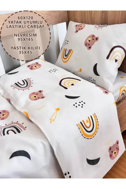 Bebek nevresim takımı(95x145 nevresim,35x45 yastık kılıfı,60x120 lastikli çarşaf)-kahverengibeyaz - 1