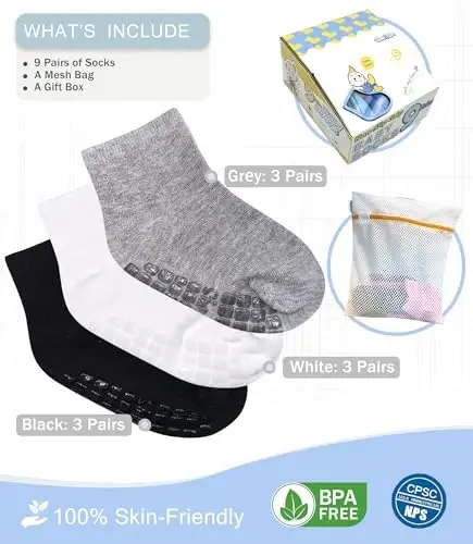 Baby Mid-Crew Socks with Grips (9 Pairs) for 0-7 Years Old Toddler Boy Girl Kids - 5
