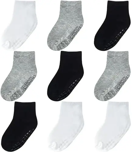 Baby Mid-Crew Socks with Grips (9 Pairs) for 0-7 Years Old Toddler Boy Girl Kids 