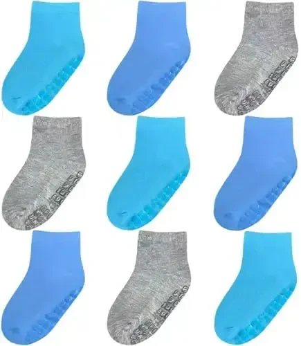 Baby Mid-Crew Socks with Grips (9 Pairs) for 0-7 Years Old Toddler Boy Girl Kids - 1