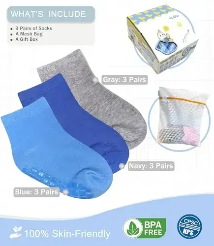 Baby Mid-Crew Socks with Grips (9 Pairs) for 0-7 Years Old Toddler Boy Girl Kids - 5