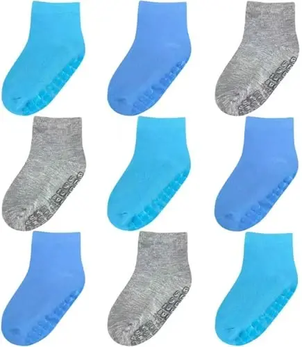 Baby Mid-Crew Socks with Grips (9 Pairs) for 0-7 Years Old Toddler Boy Girl Kids 