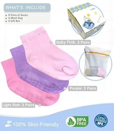 Baby Mid-Crew Socks with Grips (9 Pairs) for 0-7 Years Old Toddler Boy Girl Kids - 5