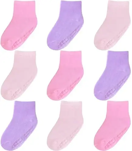 Baby Mid-Crew Socks with Grips (9 Pairs) for 0-7 Years Old Toddler Boy Girl Kids 