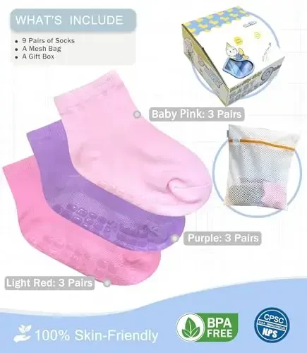Baby Mid-Crew Socks with Grips (9 Pairs) for 0-7 Years Old Toddler Boy Girl Kids - 4