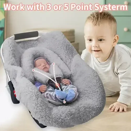 Infant Car Seat Liner, Winter Car Seat Cover Baby, Plush Fleece Carseat Cover for Cold Weather, Newborn Car Seat Replacement Liner, Warm Baby Carrier Cover Protective Insert for 3 or 5 Point System - 5