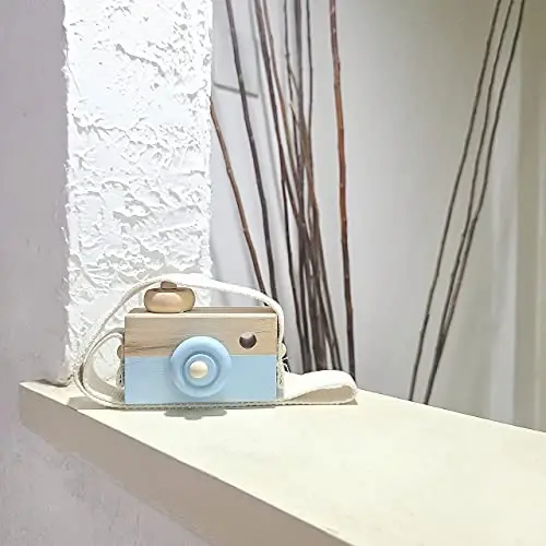 Baby Toy Wooden Mini Camera Toy, Baby Kids Cute Mini Sharpe Toy, Neck Hanging Photographed Props for Baby Toddlers Children Kids' Room Hanging Decor Gift (Blue) - 3