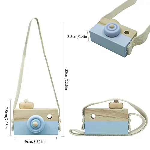 Baby Toy Wooden Mini Camera Toy, Baby Kids Cute Mini Sharpe Toy, Neck Hanging Photographed Props for Baby Toddlers Children Kids' Room Hanging Decor Gift (Blue) - 5