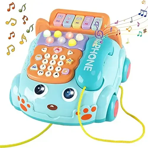 Baby Toy Phone Cartoon Baby Piano Music Light Toy Children Pretend PhoneToy Gift Game Boy Girl Early Education Gift Blue (18 M+) - 1