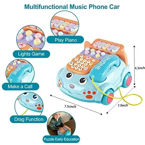 Baby Toy Phone Cartoon Baby Piano Music Light Toy Children Pretend PhoneToy Gift Game Boy Girl Early Education Gift Blue (18 M+) - 2