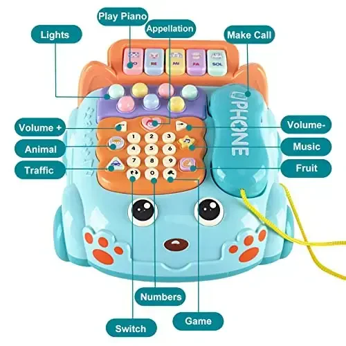 Baby Toy Phone Cartoon Baby Piano Music Light Toy Children Pretend PhoneToy Gift Game Boy Girl Early Education Gift Blue (18 M+) - 3