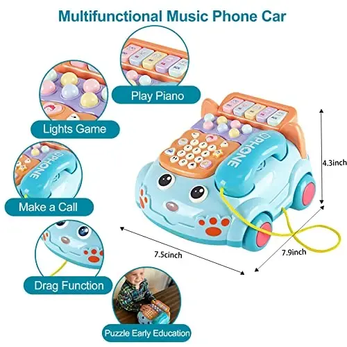 Baby Toy Phone Cartoon Baby Piano Music Light Toy Children Pretend PhoneToy Gift Game Boy Girl Early Education Gift Blue (18 M+) - 2