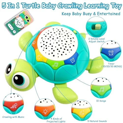 Baby Toys 6-12 Months, 5 in 1 Musical Projector Turtle Crawling Toys Tummy Time Infant Baby Toys 0-3 3-6 7 8 9 12-18 Months 1 Year Old Boy Toys Girl Toys Birthday Gift - 3