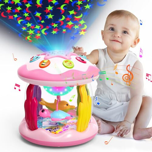 Baby Toys 6 to 12 Months, 4 in 1 Ocaen Rotating Projector, Tummy Time Light Up Musical Toys for 6 7 8 9 12-18 Months, Educational Toys Birthday Gifts for Baby Infants 1 2 Year old Girls(Pink) - Letapapa