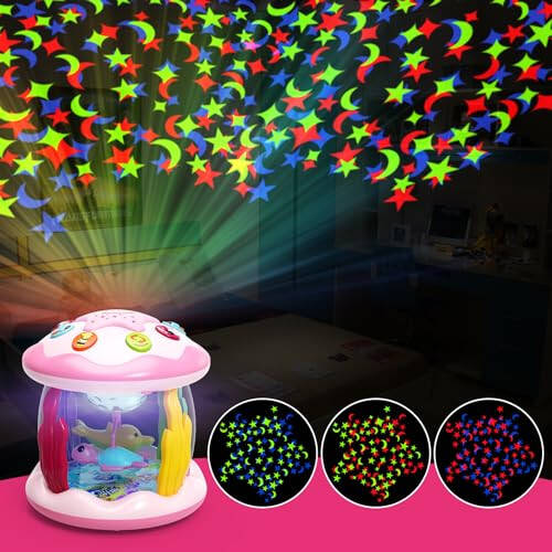 Baby Toys 6 to 12 Months, 4 in 1 Ocaen Rotating Projector, Tummy Time Light Up Musical Toys for 6 7 8 9 12-18 Months, Educational Toys Birthday Gifts for Baby Infants 1 2 Year old Girls(Pink) - 4