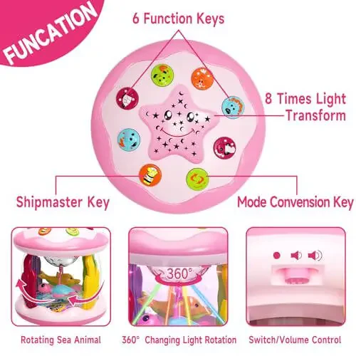 Letapapa Baby Toys 6 to 12 Months, 4 in 1 Ocaen Rotating Projector, Tummy Time Light Up Musical Toys for 6 7 8 9 12-18 Months, Educational Birthday Gifts for Baby Infants 1 2 Year Old Girls(Pink) - 2