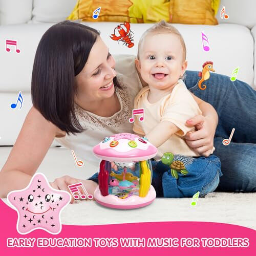 Baby Toys 6 to 12 Months, 4 in 1 Ocaen Rotating Projector, Tummy Time Light Up Musical Toys for 6 7 8 9 12-18 Months, Educational Toys Birthday Gifts for Baby Infants 1 2 Year old Girls(Pink) - 6