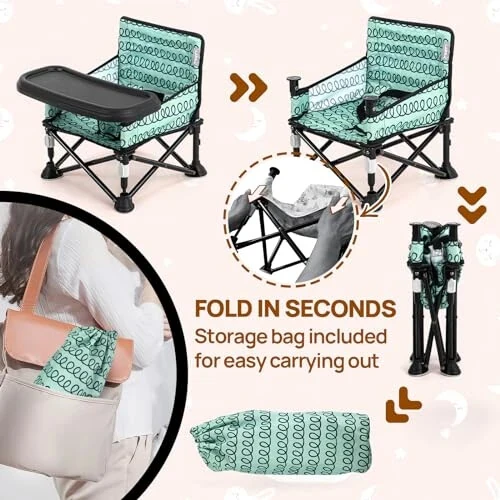 Toddler Booster Seat for Dining Table & Kitchen Chair - Portable Foldable with Removable Tray, Baby Camping Chair 6-36 Months Indoor Outdoor (Green Stripe) - AskCat