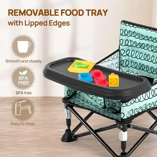 Toddler Booster Seat for Dining Table & Kitchen Chair - Portable Foldable with Removable Tray, Baby Camping Chair 6-36 Months Indoor Outdoor (Green Stripe) - 4