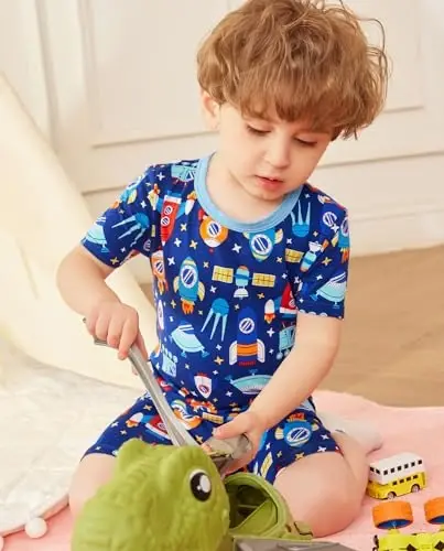 Bebek Reshinee Bambu Viskoz Küçük Çocuk Araba Pijamaları Erkek Kız Çocuk Kısa Serin Yaz 12M-8Y Vücuda oturan Pijama Takımı 2'li - BABEE (1)