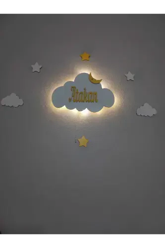 Bebek Sovg'a Yog'och Ismli Bulut Kechasi Chiroq Ledli Yoritgich Yangi Tug'ilgan Sovg'a-Sariq Ip - 4