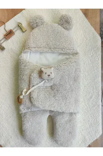 Bebek Tashqi Kundak Adyol Peluş Oyoqli Welsoft Uyqu Xaltasi Qishki Palto Yangi tug'ilgan 0-12 Oy-BEJ - 4