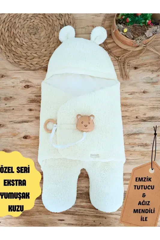 Bebek Tashqi Kundak Adyoli Peluş Oyoqli Welsoft Uyqu Xaltasi Qishki Palto Yangi tug'ilgan 0-12 Oy-Ecru - 2