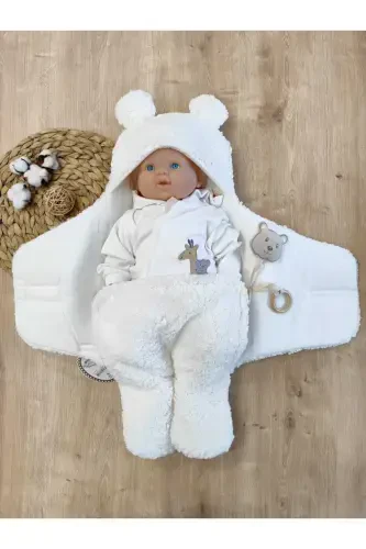 Bebek Tashqi Kundak Adyoli Peluş Oyoqli Welsoft Uyqu Xaltasi Qishki Palto Yangi tug'ilgan 0-12 Oy-Ecru - 3