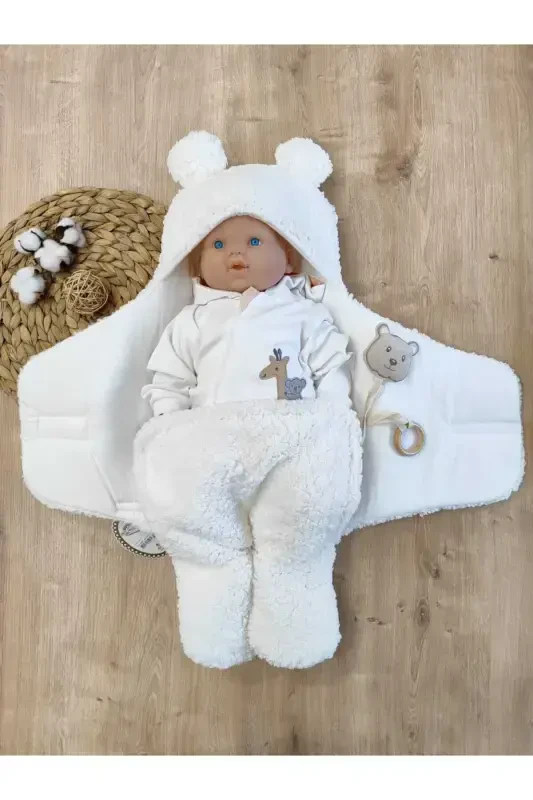 Bebek Tashqi Kundak Adyoli Peluş Oyoqli Welsoft Uyqu Xaltasi Qishki Palto Yangi tug'ilgan 0-12 Oy-Ecru - 3