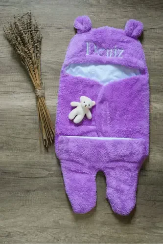 Bebek Tashqi Kundak Uyqu Xaltasi Shaxsiy Kashtachilik Qilingan Jingalak Wellsoft Peluş Ayiqcha Quloqli Lila Binafsha-lila - 4