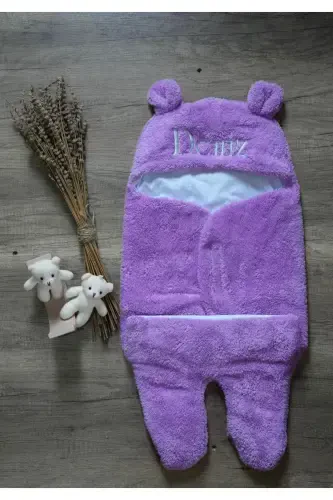 Bebek Tashqi Kundak Uyqu Xaltasi Shaxsiy Kashtachilik Qilingan Jingalak Wellsoft Peluş Ayiqcha Quloqli Lila Binafsha-lila - 6