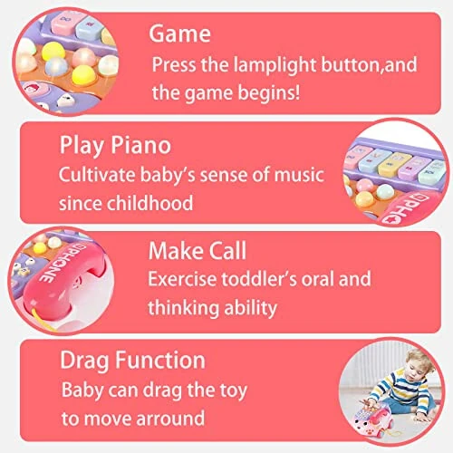 Baby Phone Toy,Baby Toy Phone Cartoon Baby Piano Music Light Toy Children Pretend Phone, Kids Cell Phone Girl with Light Parent-Child Interactive Toy Gift Game Boy Girl Early Education Gift Pink 18M+ - 5