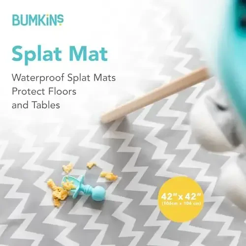 Bumkins Sleeved Bib for Baby & Toddler 6-24M + Splat Mat for Under High Chair, Babies Eating Mess Mat, Waterproof Reusable Cloth 42inx42in Gray Chevron - 6