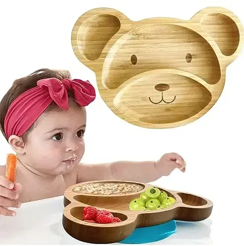 Bamboo Plates for Kids - Baby & Toddler Plates with Suction for Feeding & Weaning, Eco-Friendly Bear Design Promotes Self-Feeding, Ideal for Busy Moms & Dads, Sturdy & BPA-Free (Blue) - MODAZONE