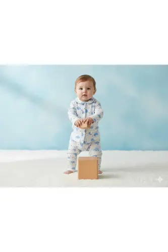 Bebek Yenidogan Çocuk Kiz Erkek Pamuklu Oyali Pijama Takımı Hediyelik-Mavi - 3