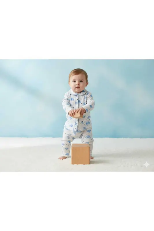 Bebek Yenidogan Çocuk Kiz Erkek Pamuklu Oyali Pijama Takımı Hediyelik-Mavi - 3