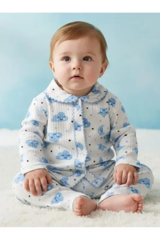 Bebek Yenidogan Çocuk Kiz Erkek Pamuklu Oyali Pijama Takımı Hediyelik - Mavi - 1