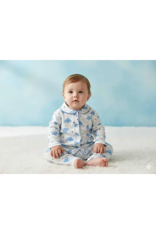 Bebek Yenidogan Çocuk Kiz Erkek Pamuklu Oyali Pijama Takımı Hediyelik - Mavi - 2