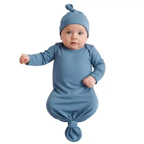 Baby Newborn Knotted Gown 0-6 Months, Super Soft Infant Long Sleeve Sleepwear for Girl and Boy, Baby Coming Home Hospital Outfit with Hat Set Blue - 1