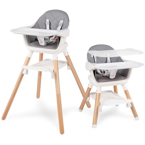 6 in 1 Baby High Chair, Convertible Wooden High Chairs/Booster Seat for Babies and Toddlers, Baby Feeding Chair with 5-Point Harness/Double Removable Tray & Adjustable Footrest (Grey) - 31