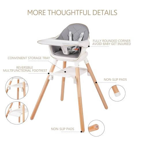 6 in 1 Baby High Chair, Convertible Wooden High Chairs/Booster Seat for Babies and Toddlers, Baby Feeding Chair with 5-Point Harness/Double Removable Tray & Adjustable Footrest (Grey) - 29