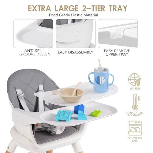 6 in 1 Baby High Chair, Convertible Wooden High Chairs/Booster Seat for Babies and Toddlers, Baby Feeding Chair with 5-Point Harness/Double Removable Tray & Adjustable Footrest (Grey) - 15