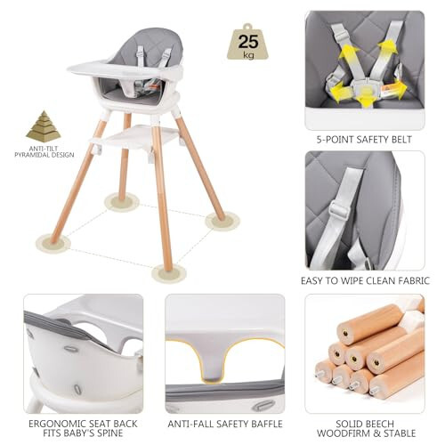 6 in 1 Baby High Chair, Convertible Wooden High Chairs/Booster Seat for Babies and Toddlers, Baby Feeding Chair with 5-Point Harness/Double Removable Tray & Adjustable Footrest (Grey) - 16