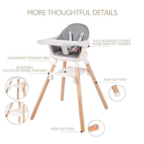 6 in 1 Baby High Chair, Convertible Wooden High Chairs/Booster Seat for Babies and Toddlers, Baby Feeding Chair with 5-Point Harness/Double Removable Tray & Adjustable Footrest (Grey) - 11