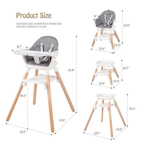 6 in 1 Baby High Chair, Convertible Wooden High Chairs/Booster Seat for Babies and Toddlers, Baby Feeding Chair with 5-Point Harness/Double Removable Tray & Adjustable Footrest (Grey) - 12