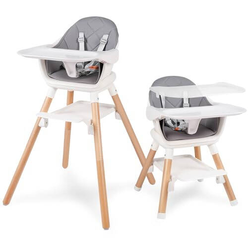 6 in 1 Baby High Chair, Convertible Wooden High Chairs/Booster Seat for Babies and Toddlers, Baby Feeding Chair with 5-Point Harness/Double Removable Tray & Adjustable Footrest (Grey) - 1
