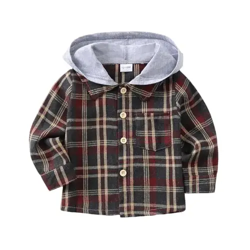 Baby Toddler Boys Long Sleeve Shirt Flannel Buffalo Plaid Shirts Button Down Jacket Top Outfit Fall Winter Clothes - KIMI BEAR
