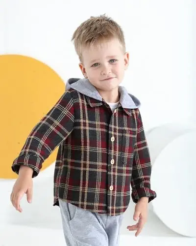 Baby Toddler Boys Long Sleeve Shirt Flannel Buffalo Plaid Shirts Button Down Jacket Top Outfit Fall Winter Clothes - KIMI BEAR (1)