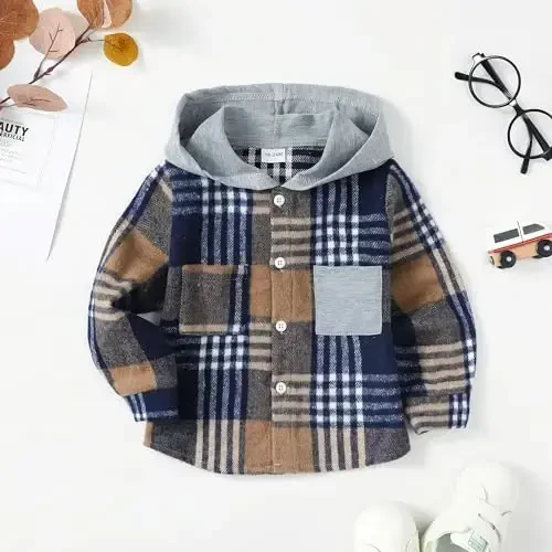 Baby Toddler Boys Long Sleeve Shirt Flannel Buffalo Plaid Shirts Button Down Jacket Top Outfit Fall Winter Clothes - KIMI BEAR (1)