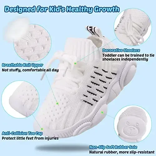 Toddler Baby Girls Boys Tennis White Walking Barefoot Slip on Shoes 18-24 Months Size 5 Wide Toe Box Summer Soft Sole Flexible Dinosaur Cheer Shoes Breathable Outdoor Soccer Rubber Sneakers - 3